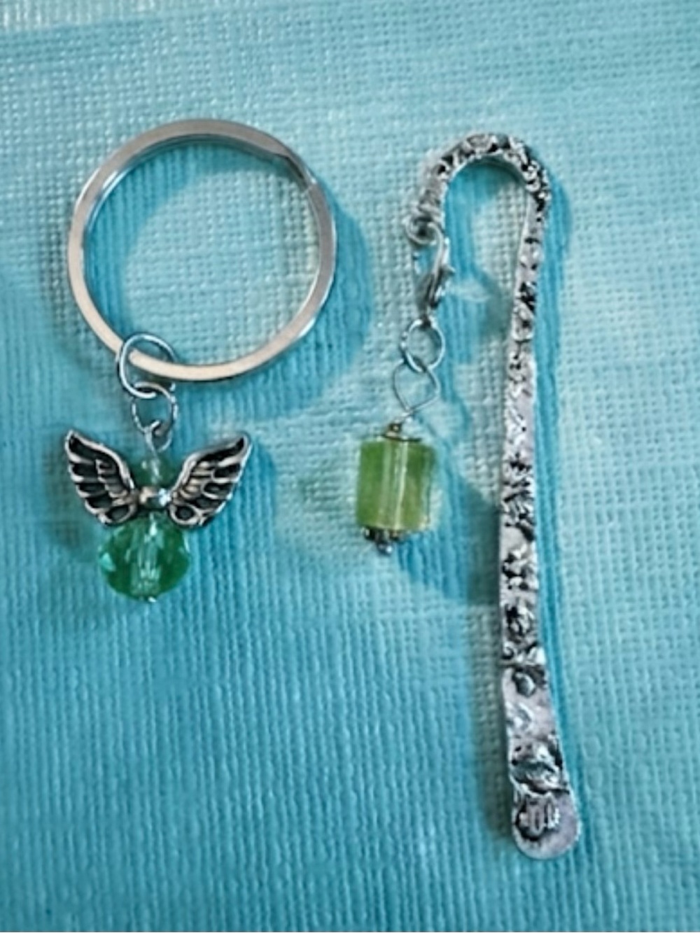 Handmade Angel Keychain and Beaded Bookmark Gift Duo - Green Accents